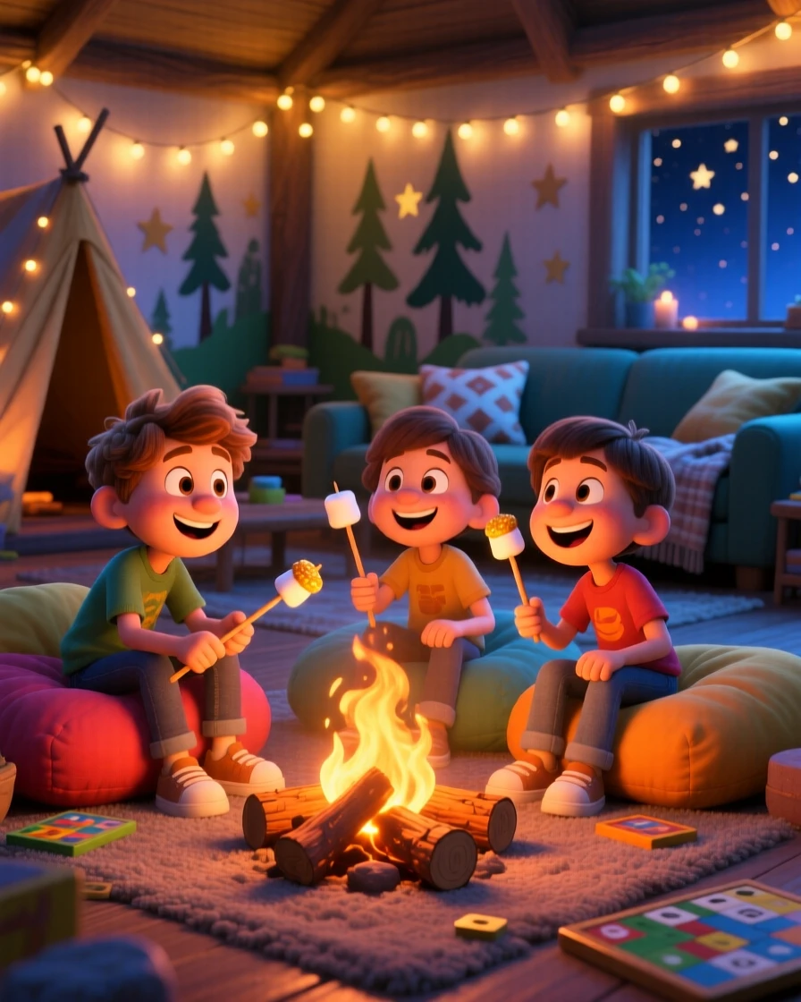Friends roasting marshmallows over a campfire happens in a living room decorated with twinkling lights, with warm string lights glowing overhead. A cozy, cheerful spirit radiates through the moment.