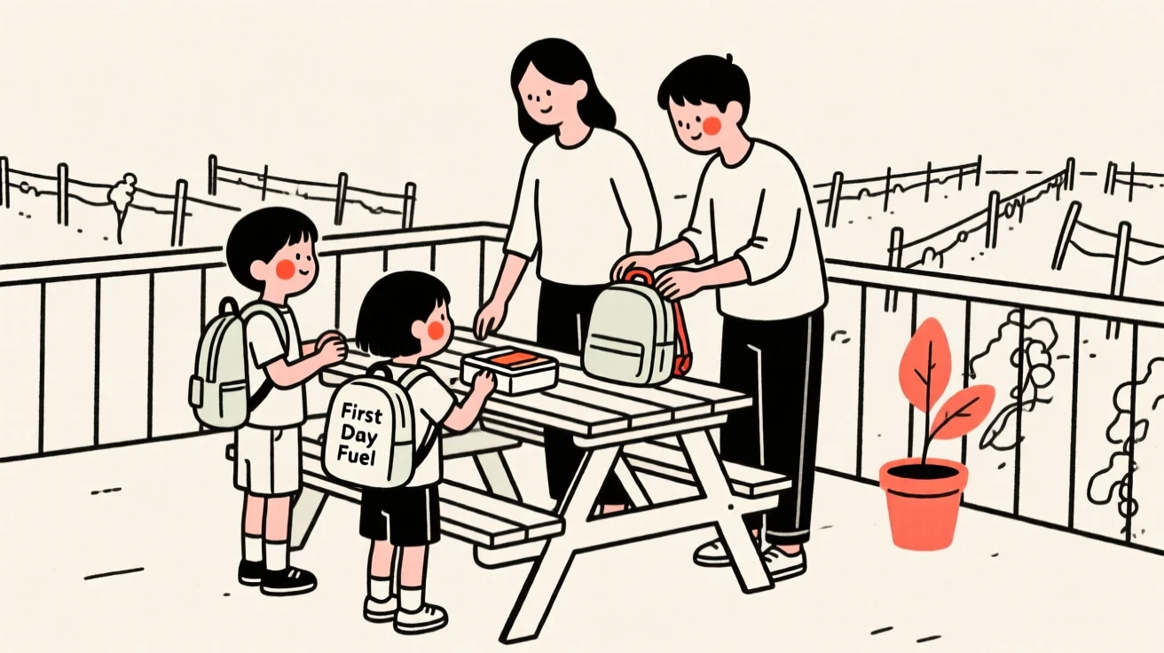 A family preparing for a first day of school, on a vineyard terrace.