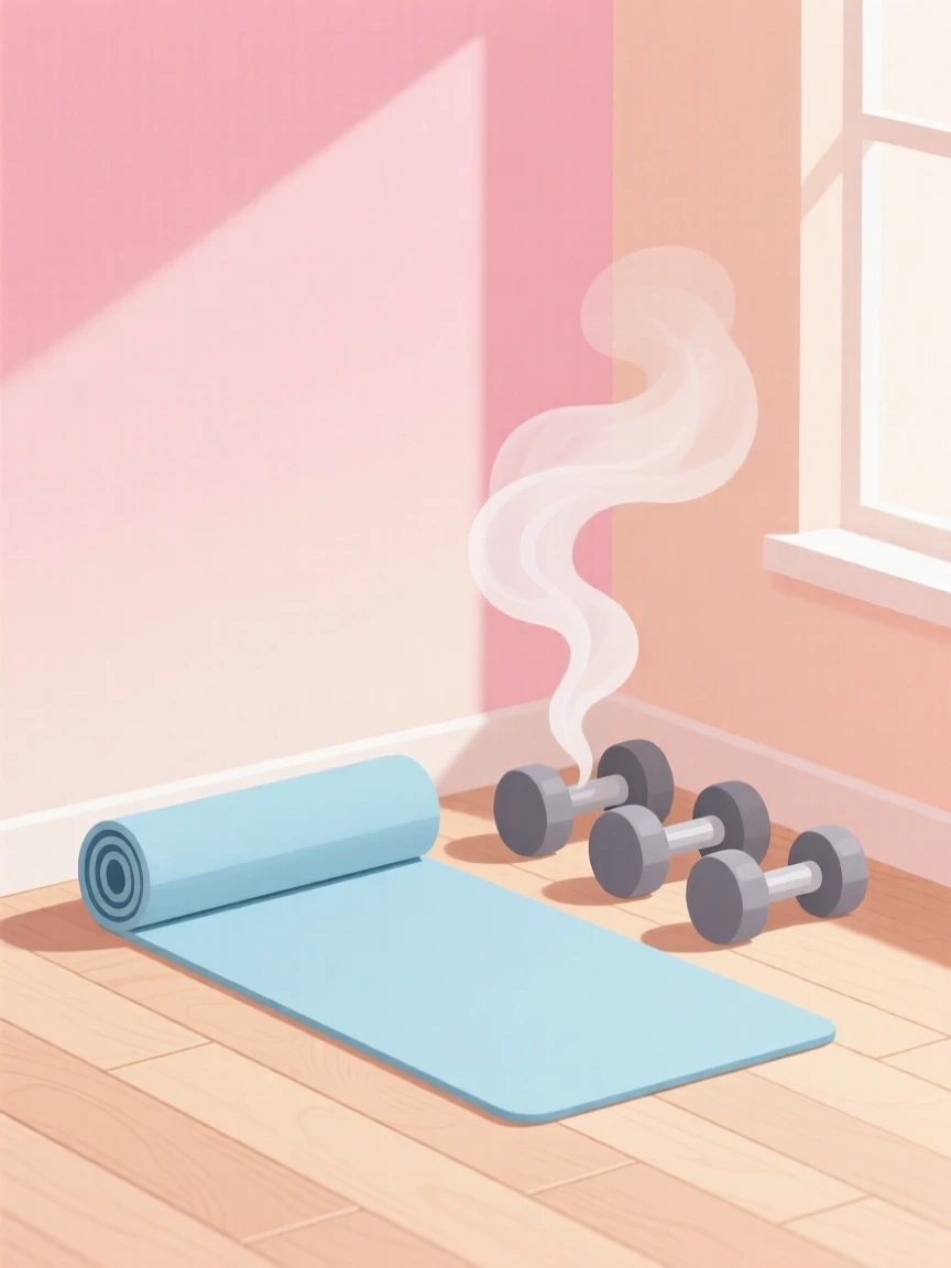 A home gym corner with dumbbells and a yoga mat, set against a backdrop of pastel-colored walls, composed with a warm, inviting sense of everyday simplicity, with subtle steam rising to add a warm, lived-in feel.