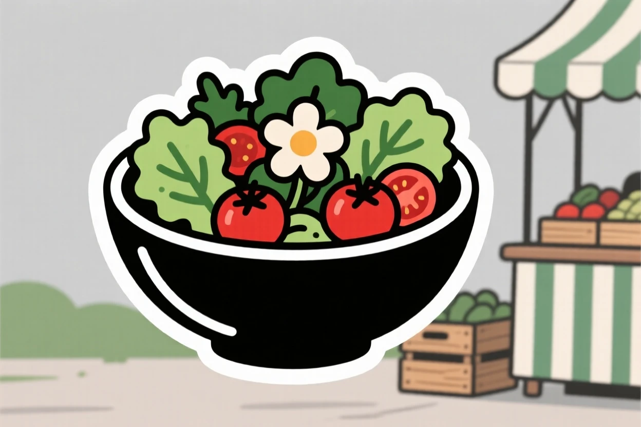 A cozy and comforting bowl of fresh salad with cherry tomatoes, topped with a single edible flower, at an outdoor market stall.