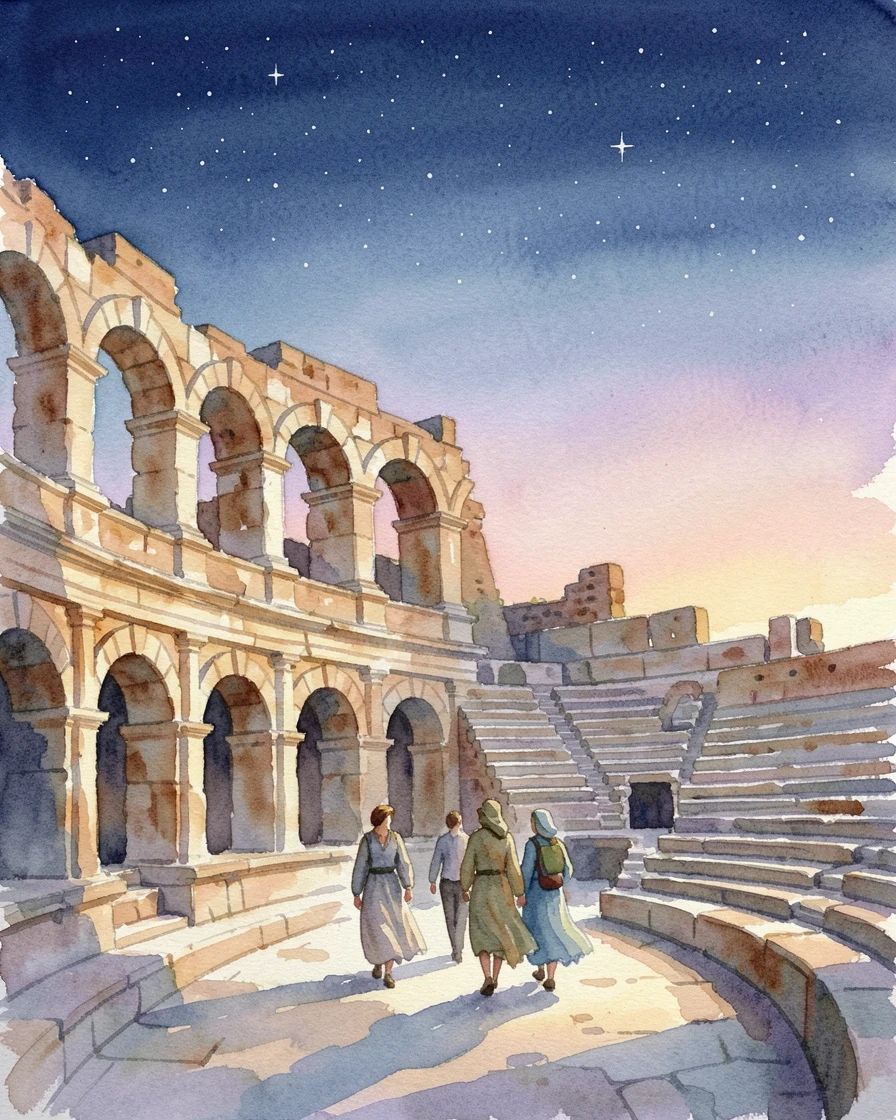 An ancient amphitheater bathed in evening light under a starlit sky with travelers strolling along the path.