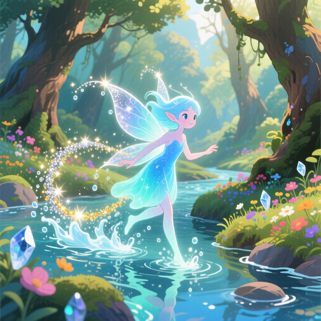 A luminous water sprite leaving a trail of sparkling stardust as it moves, in a hidden valley untouched by time, sparking pure childlike delight.