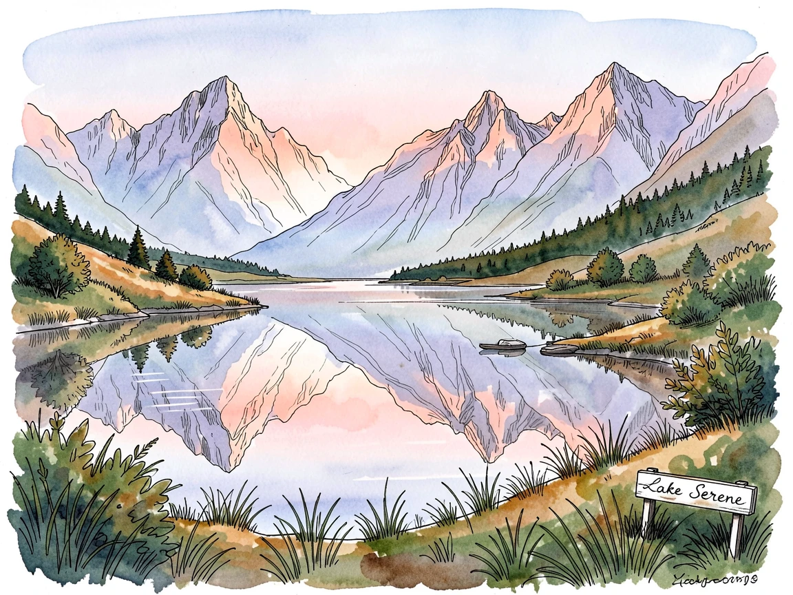 A quiet mountain lake perfectly mirroring the surrounding peaks at dawn, a gentle breeze rippling through the grass and leaves.