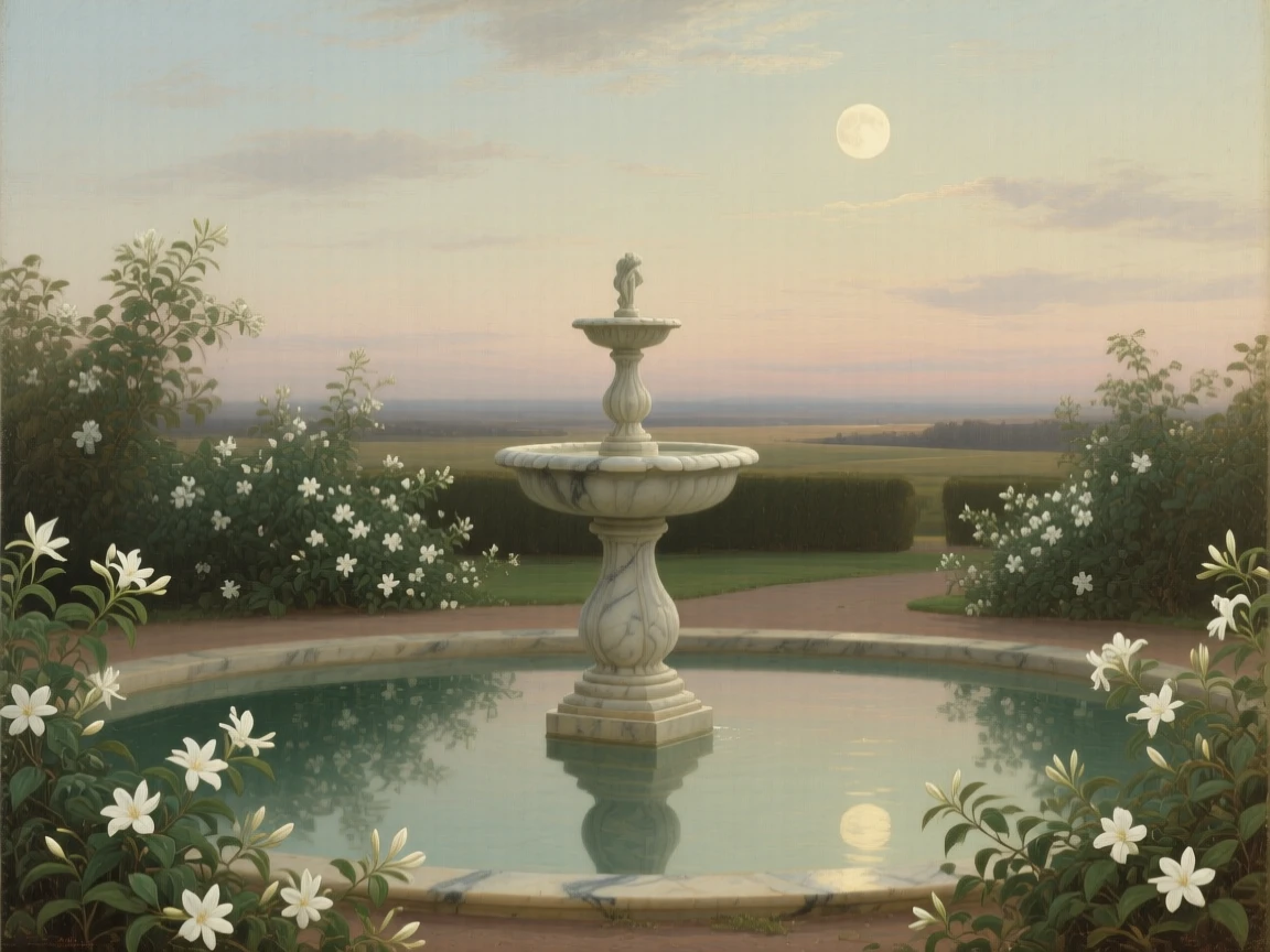 A moonlit garden with a marble fountain and blooming night jasmine stretching endlessly toward a hazy, distant horizon, set far from any signs of human presence, with clouds mirrored perfectly in still, glassy water; a low horizon line gives dramatic weight to an expansive sky, radiating the serene majesty of untouched nature.