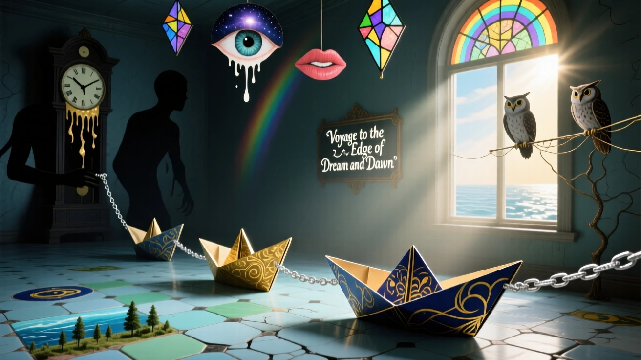 A chain of paper boats sailing from darkness into daylight stands quietly at the center of an empty, soft-lit room, as small details reveal themselves only on close look.