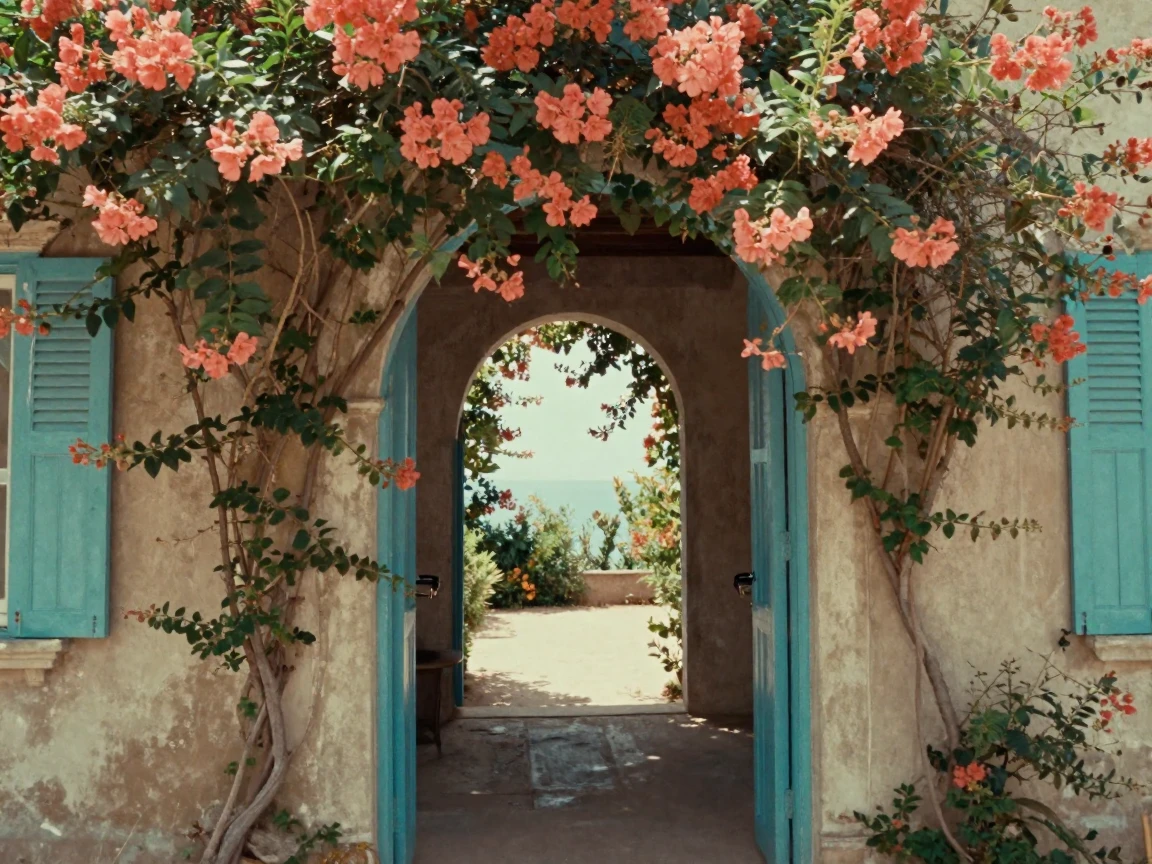 A vine-draped archway leading into a hidden courtyard, in soft window light, with a soft breeze stirring the air, in the height of summer, in vivid coral and turquoise hues, from behind, looking toward the horizon.