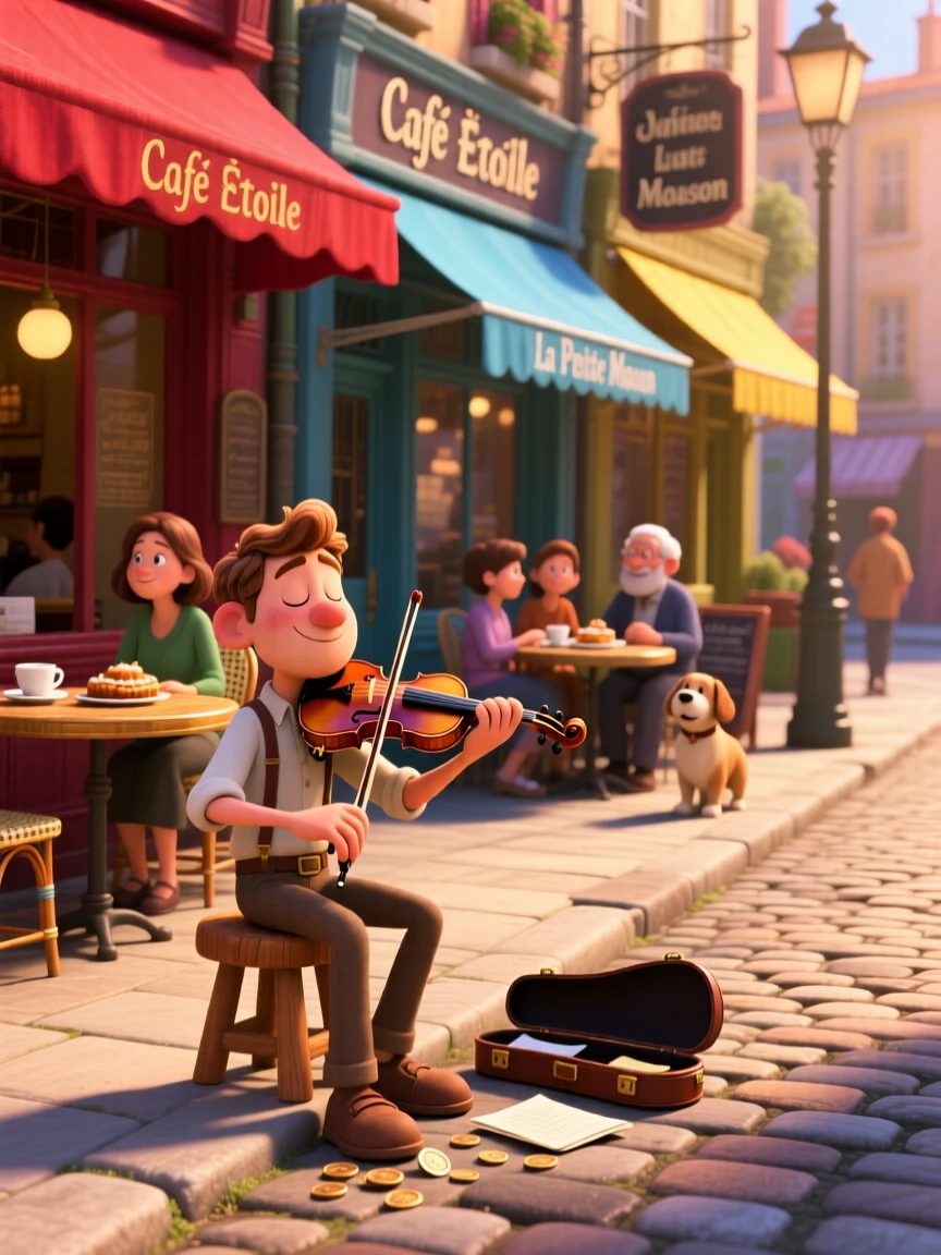 A street musician playing a violin softly is captured on a quiet cobblestone street lined with cafes, with colorful awnings lining the street. A quiet, wholesome charm lingers over the moment.