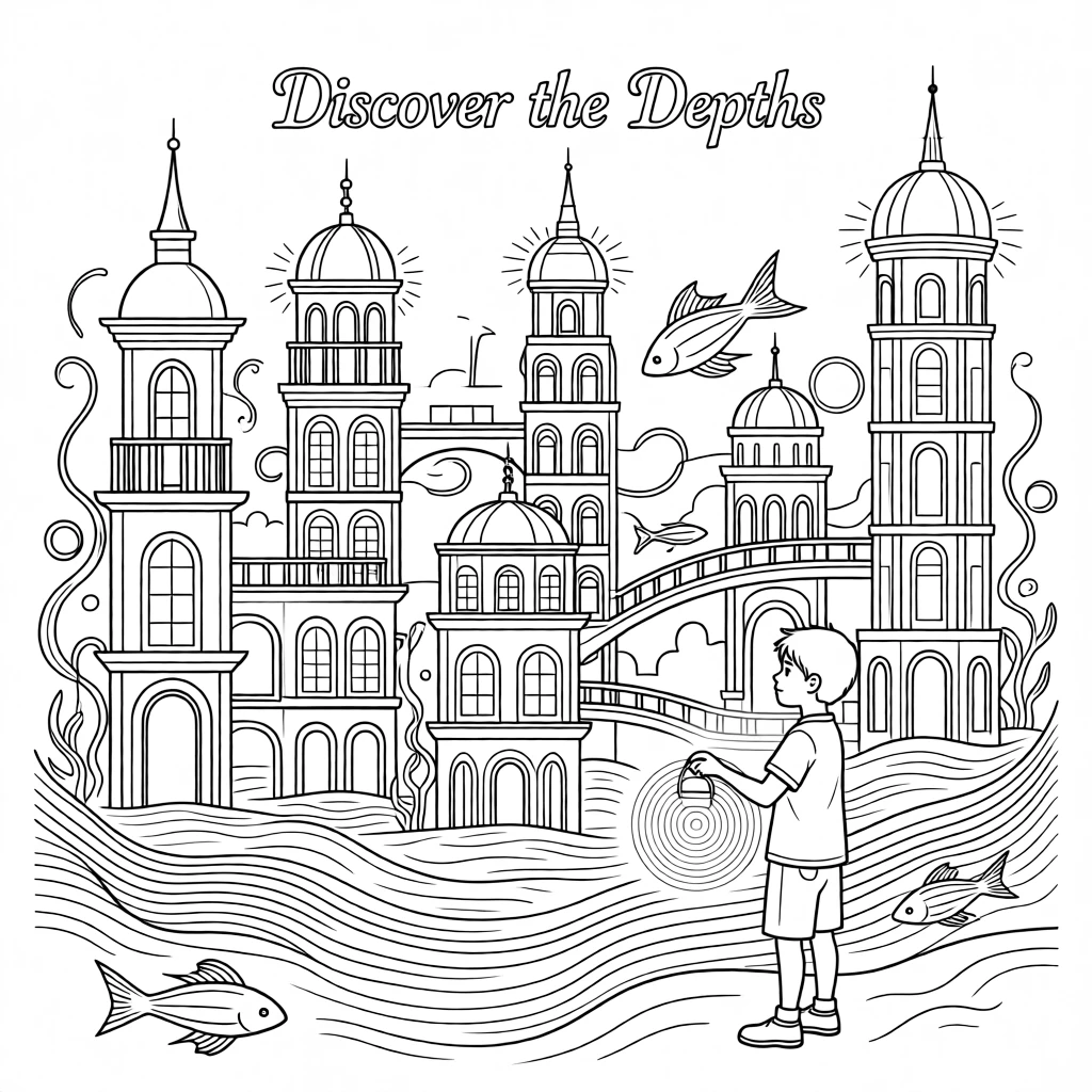 An underwater city with glowing windows and towers, with swirling sand and drifting seaweed.