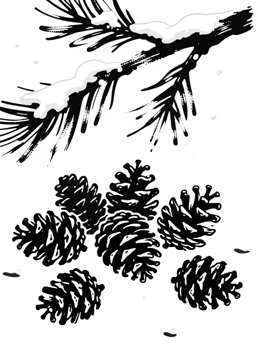 A cluster of pinecones scattered beneath a snow-dusted evergreen branch.
