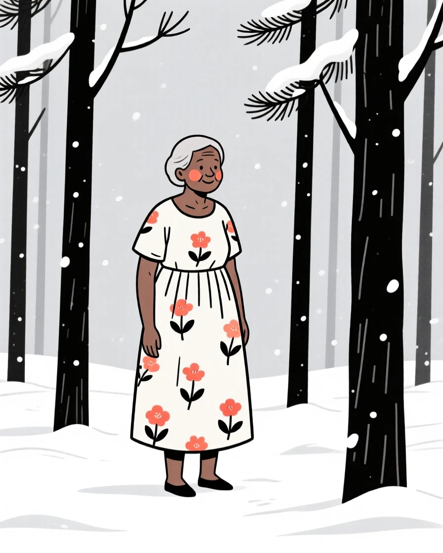 A retired teacher of Kenyan heritage in a floral summer dress, exuding gentle warmth, in a snow-covered pine forest.