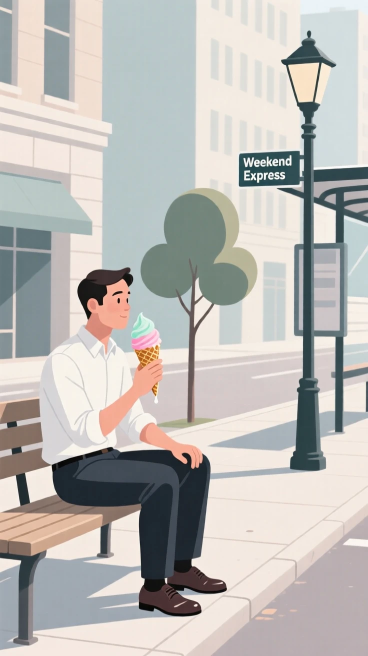 An office worker enjoying an ice cream cone on a quiet weekend afternoon in the city.