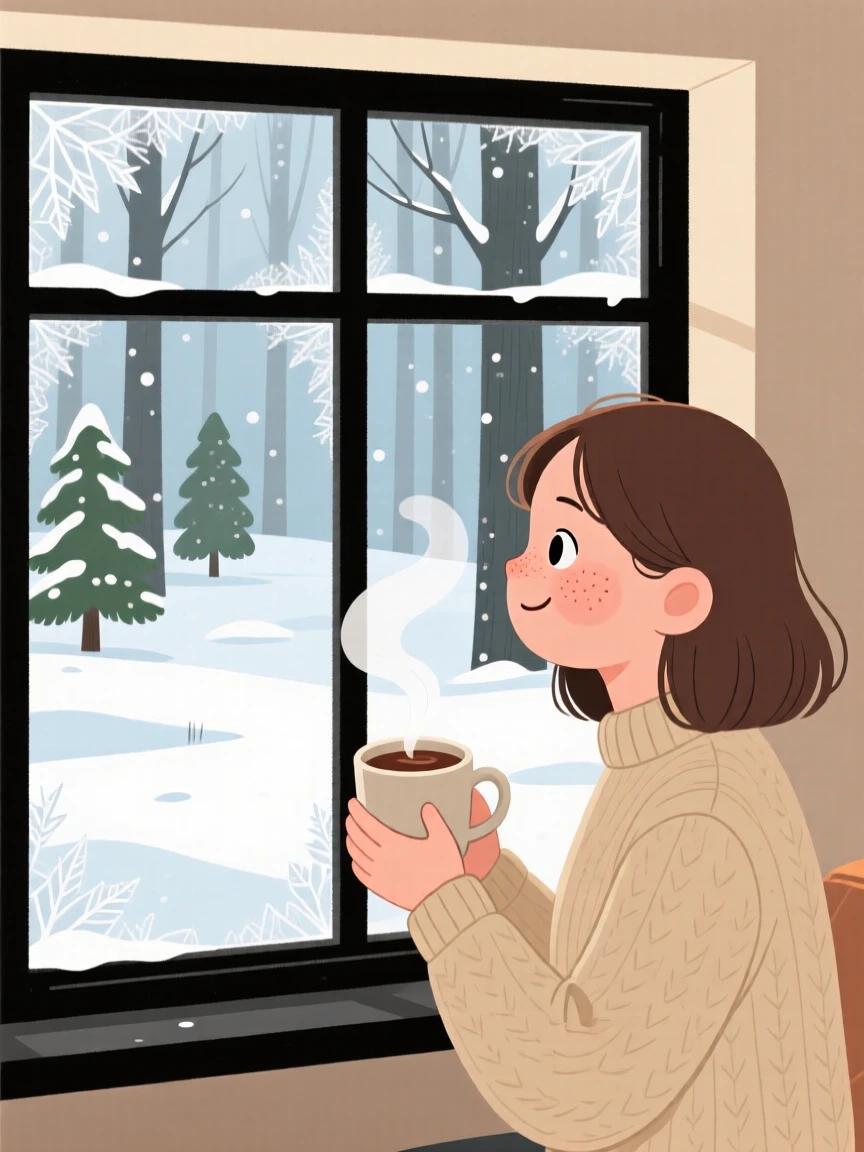 Snow blankets a forest clearing while a young woman watches from a frosted window, a mug of hot cocoa warming their hands.
