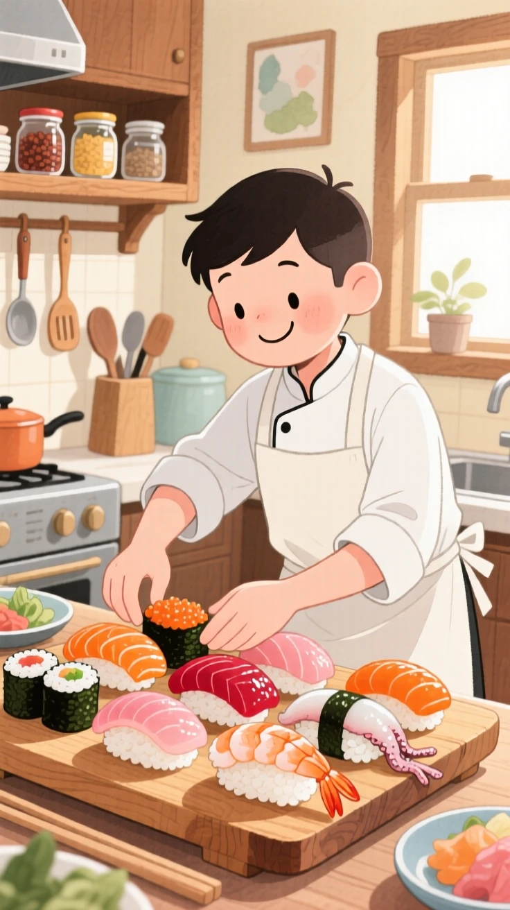 A sushi chef carefully arranging colorful pieces of nigiri on a wooden board, filled with the warmth of a home-cooked welcome.