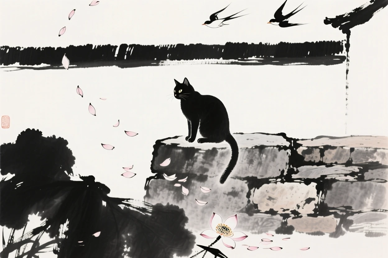 A cat watches birds from atop a garden wall, as petals drift down around it.