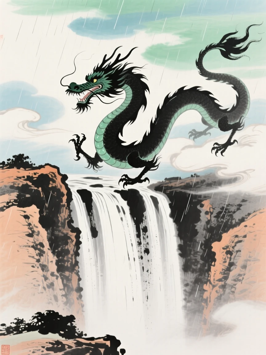 A jade dragon curling above a waterfall that seems to fall from the sky, carrying a mood of wistful nostalgia, under drifting clouds, as summer rain begins to fall.