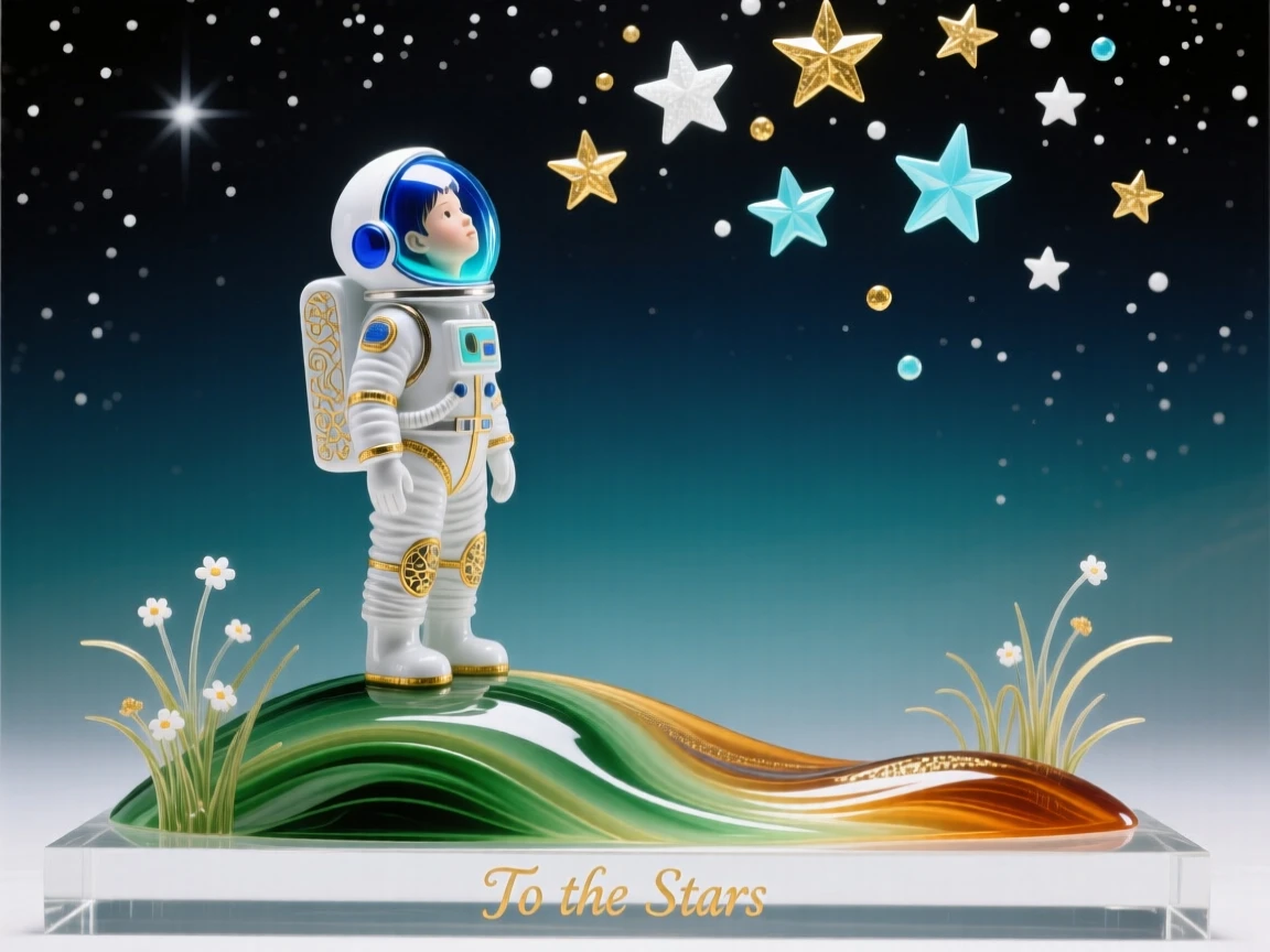 A young astronaut gazing up at the stars from a hilltop, aspirational and wondrous.