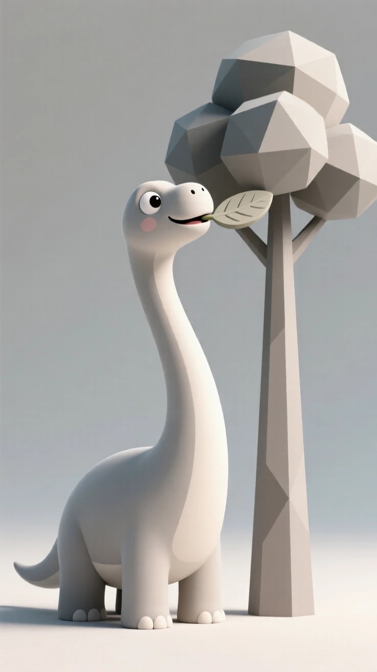 A gentle Brachiosaurus stretches its impossibly long neck to munch leaves from the very top of a towering tree.