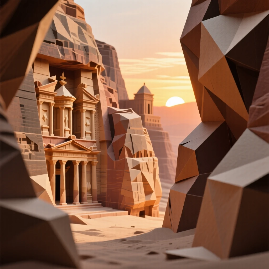 The ancient city of Petra glowing warmly as sunset light fills the narrow canyon.