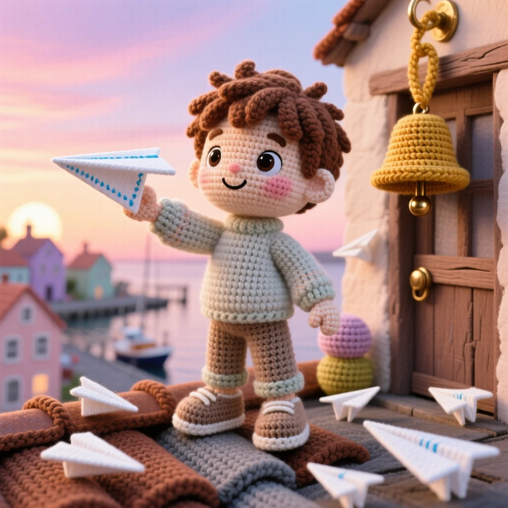 a small boy paper airplane engineer, with folded paper creations scattered around, is captured launching a paper plane from a rooftop in a small harbor town at sunrise beside a small brass bell hanging by the door, radiating comforting familiarity and small-town charm.