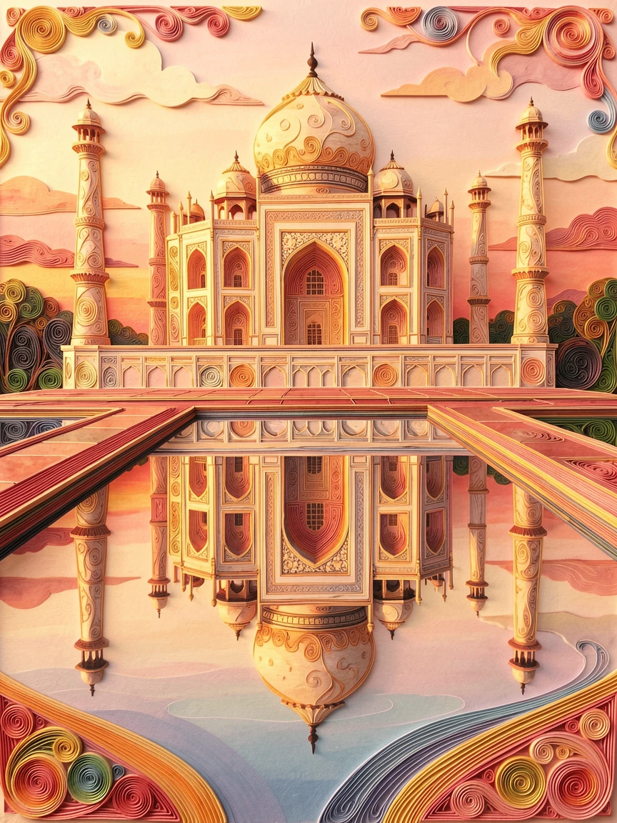 the Taj Mahal reflected perfectly in its still pool, beside a calm reflective body of water, composed with strong leading lines drawing the eye inward, in warm golden and rose-colored sunset tones.