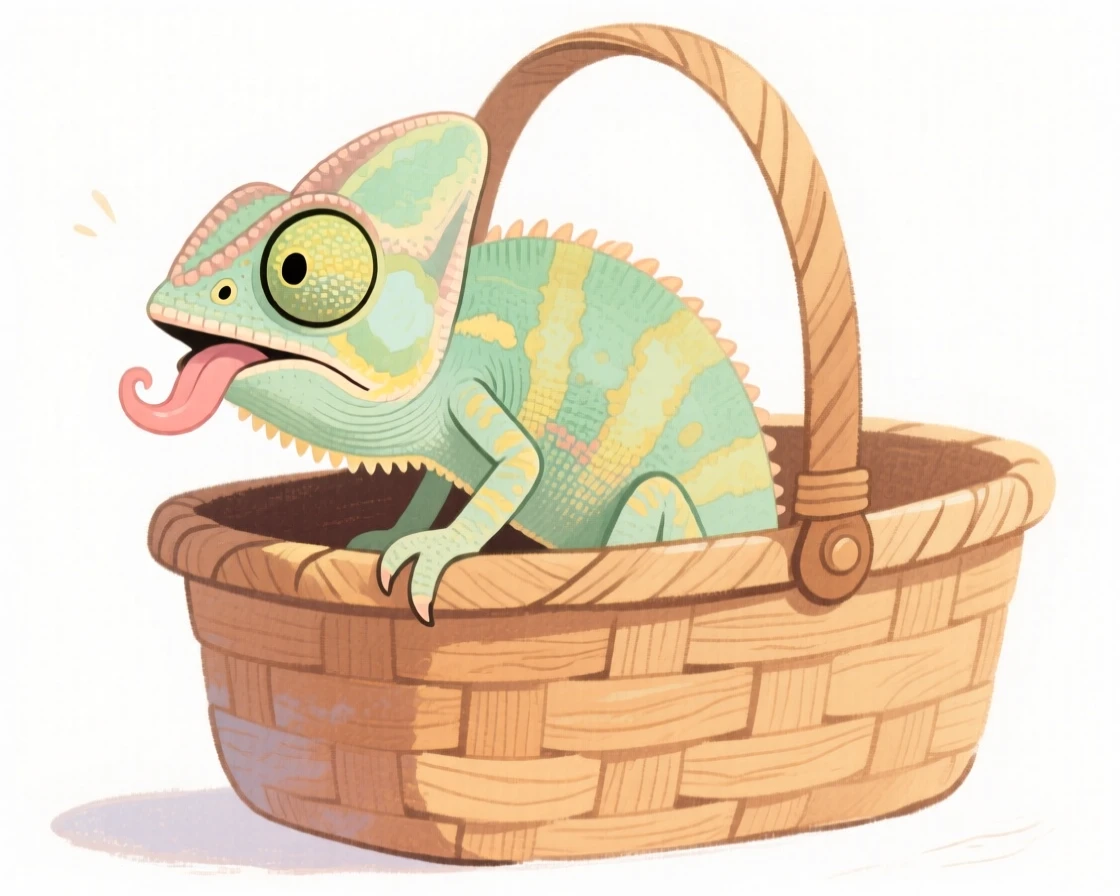 A chameleon poking its nose out of a picnic basket