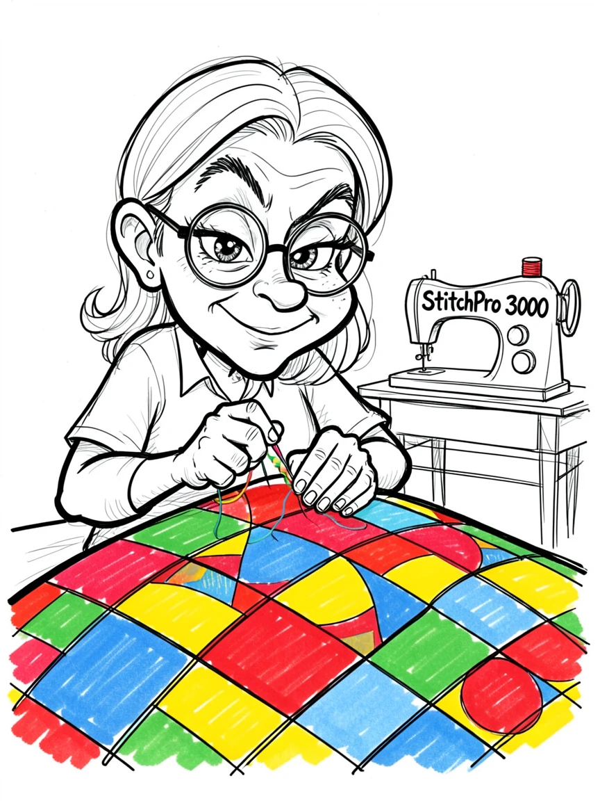 [Occupations & Hobbies] Detailed scene of an avid quilter stitching together a colorful patchwork blanket, showcasing skill and dedication