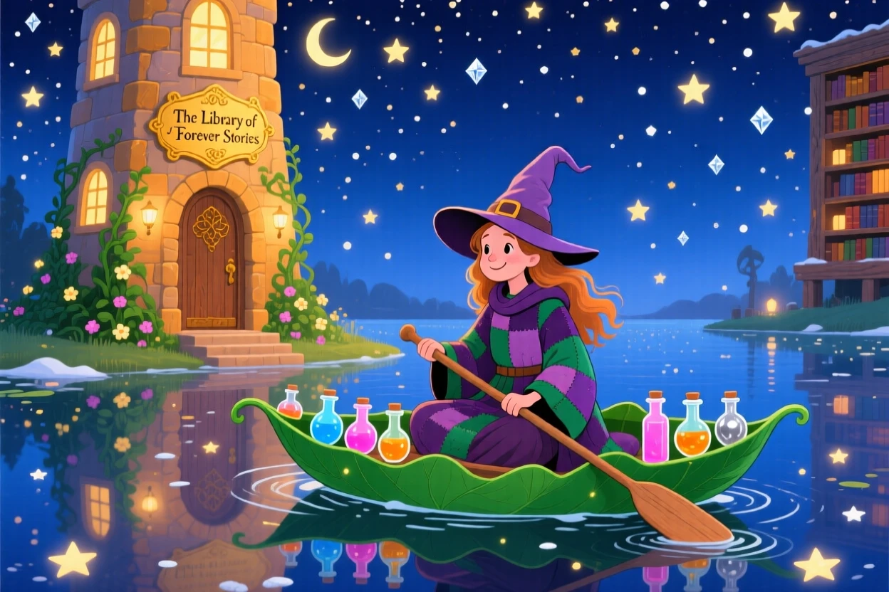 A kind witch with a garden of potions pauses from riding a floating leaf boat across a starlit lake to marvel at an ancient library tower, as tiny stars fall like snow.
