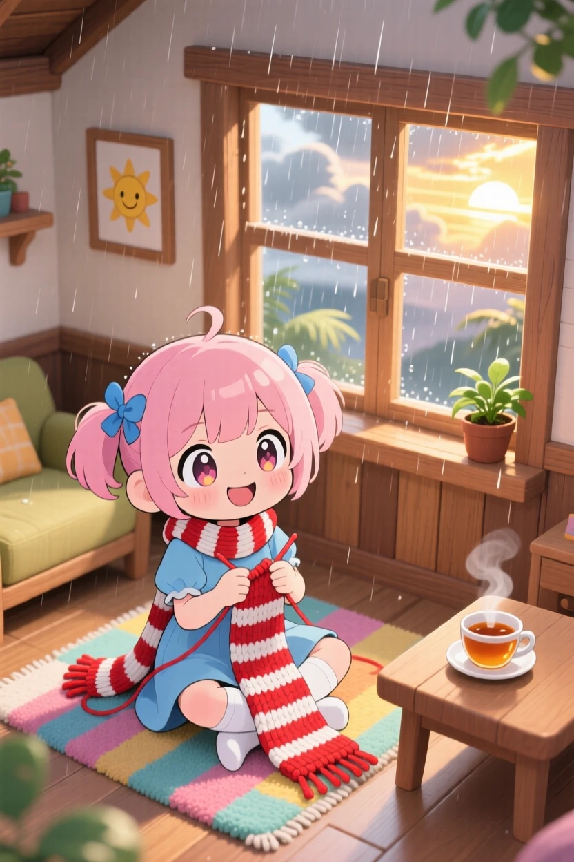 In a quiet cottage sitting room, a young girl is knitting a scarf beside a window on a rainy day on a warm tropical afternoon, bathed in rays of sunrise breaking through clouds, expression full of triumphant pride. Shot as a bird's-eye view.