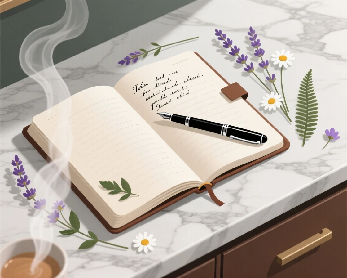 A journaling setup with a fountain pen and pressed flowers, arranged on a marble countertop with clean lines, captured from a comfortable eye-level perspective, with subtle steam rising to add a warm, lived-in feel.