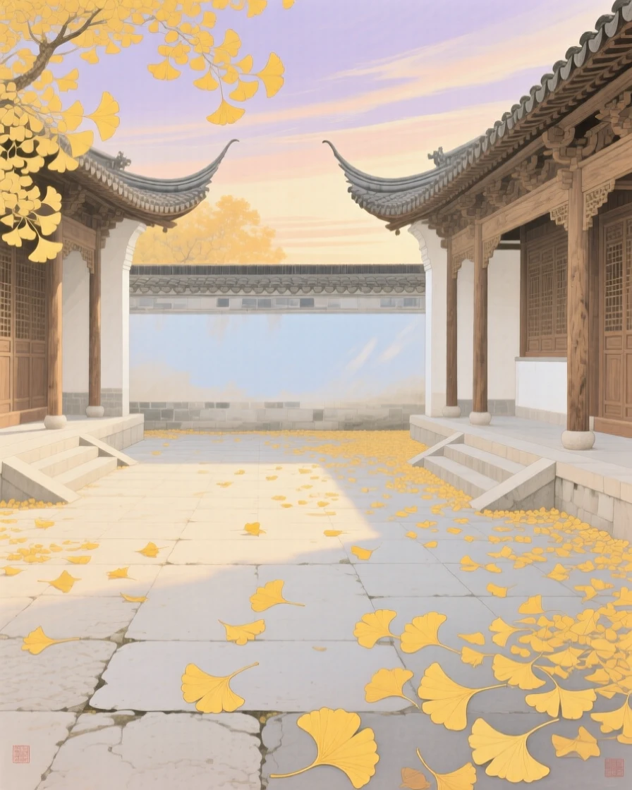 Golden ginkgo leaves scattered across a temple courtyard in autumn, beneath a sky streaked with the colors of early morning
