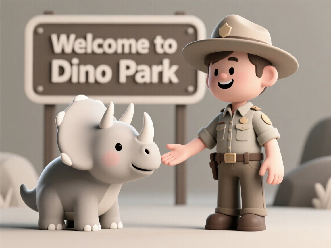 A playful baby Triceratops nuzzles its rounded frill against a smiling park ranger's outstretched hand.