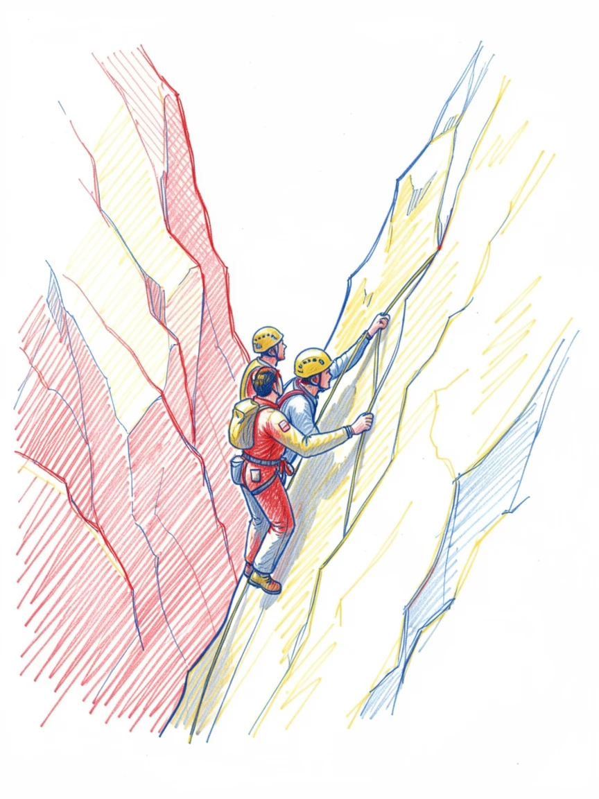 A group of climbers roped together ascending a sunlit rock face