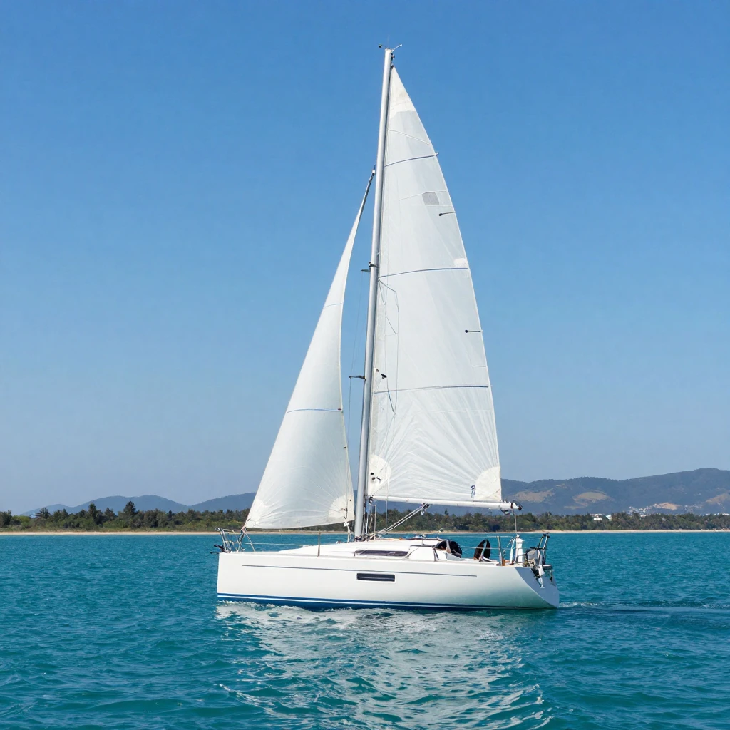 A sailboat gliding across calm turquoise waters