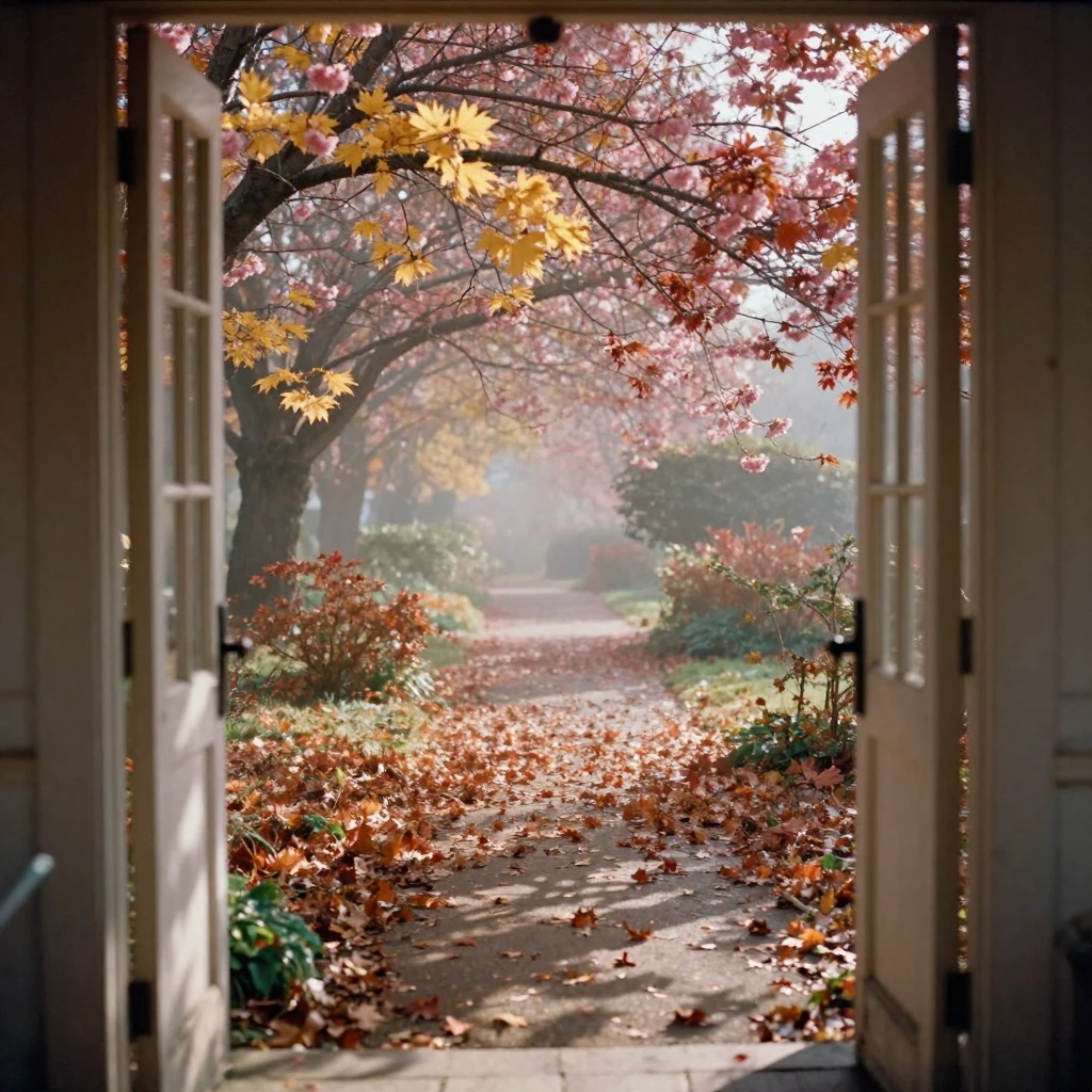 Cherry blossoms drifting gently onto a quiet garden path, in dappled light filtering through leaves, in thick rolling fog, as autumn leaves turn gold and red, in earthy terracotta and ochre shades, framed through an open doorway.