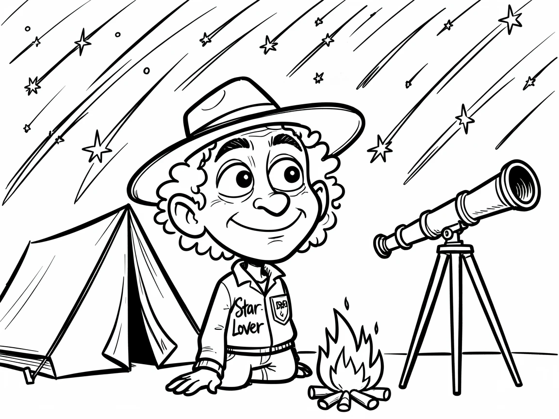 [Occupations & Hobbies] Detailed scene of a devoted stargazer camping under a sky full of shooting stars, showcasing skill and dedication