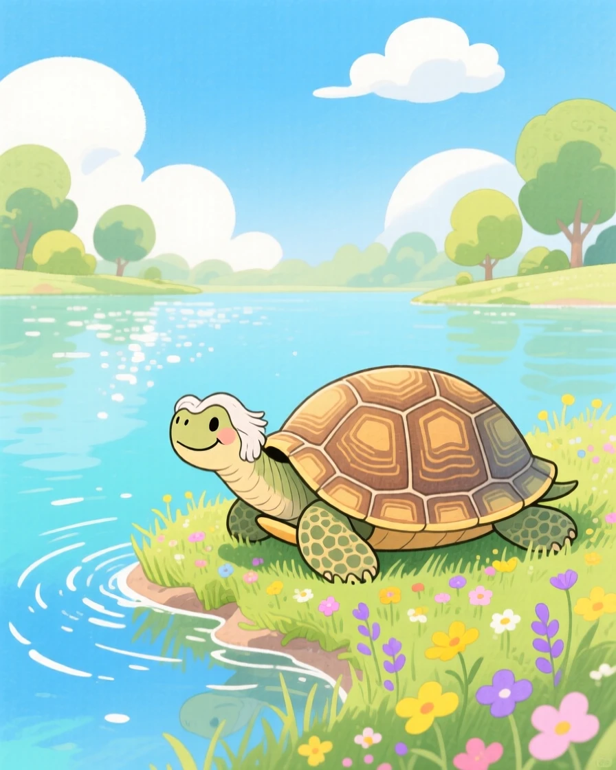 A wise old tortoise resting peacefully in the edge of a sparkling lake on a warm summer day.