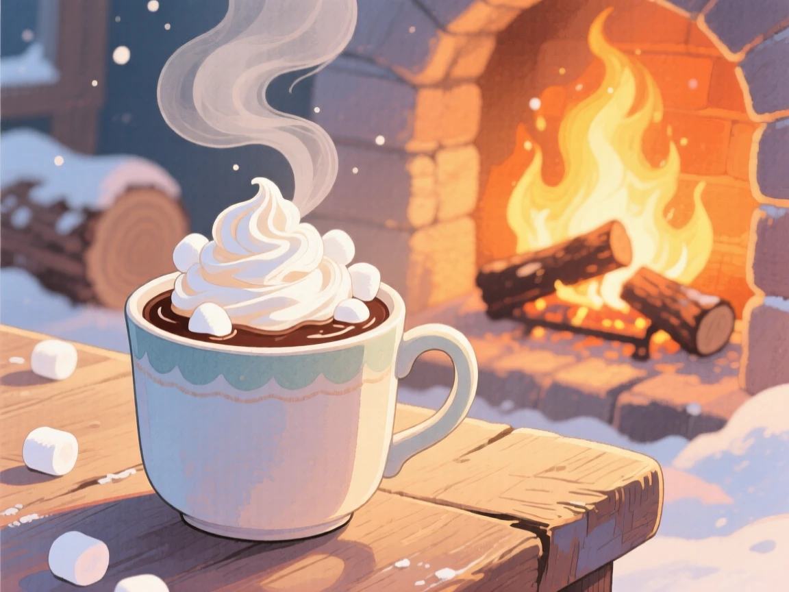A steaming cup of hot chocolate topped with whipped cream and marshmallows by a fireplace, inspiring appetite and nostalgic comfort.