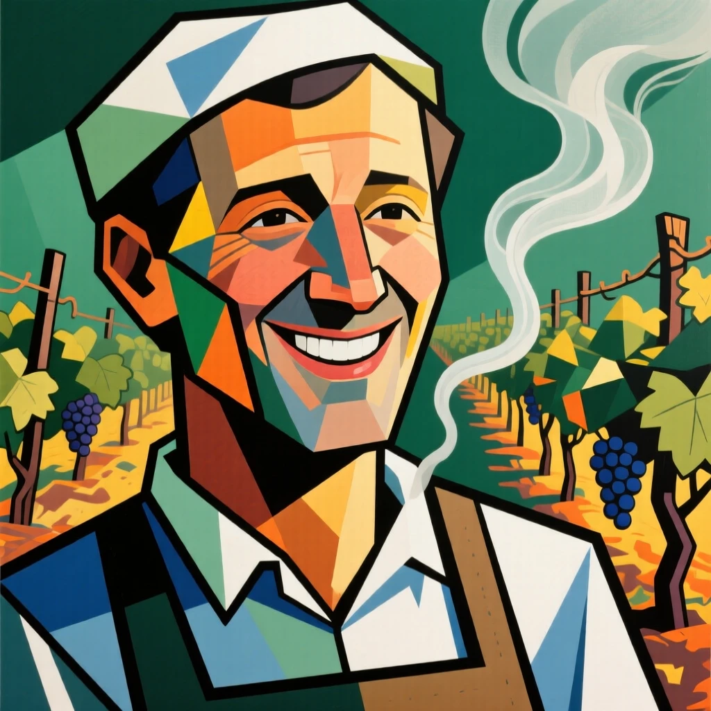 A close-up portrait of a vineyard grower smiling gently as steam rises gently around them.