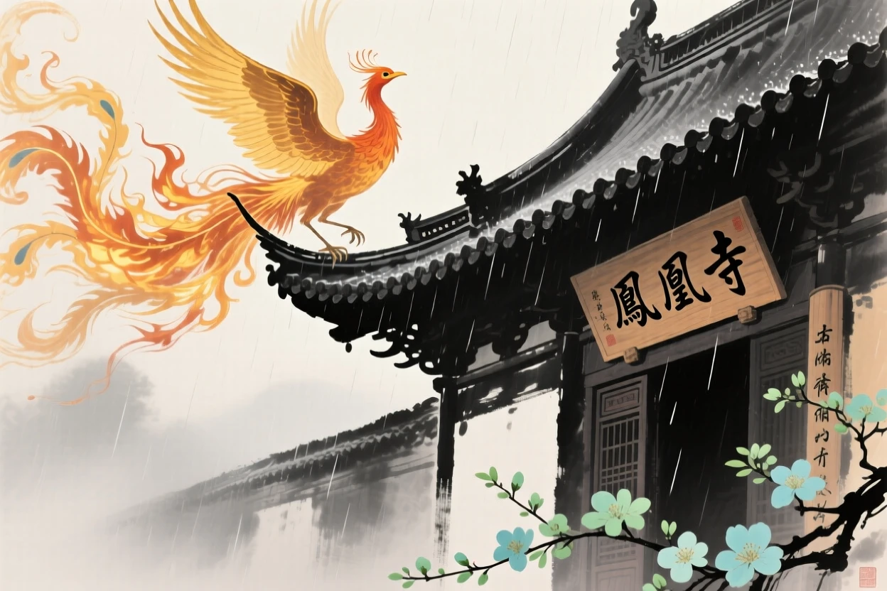 A phoenix rising in flames of golden light above an ancient temple roof, through a curtain of fine rain, as spring blossoms unfold.