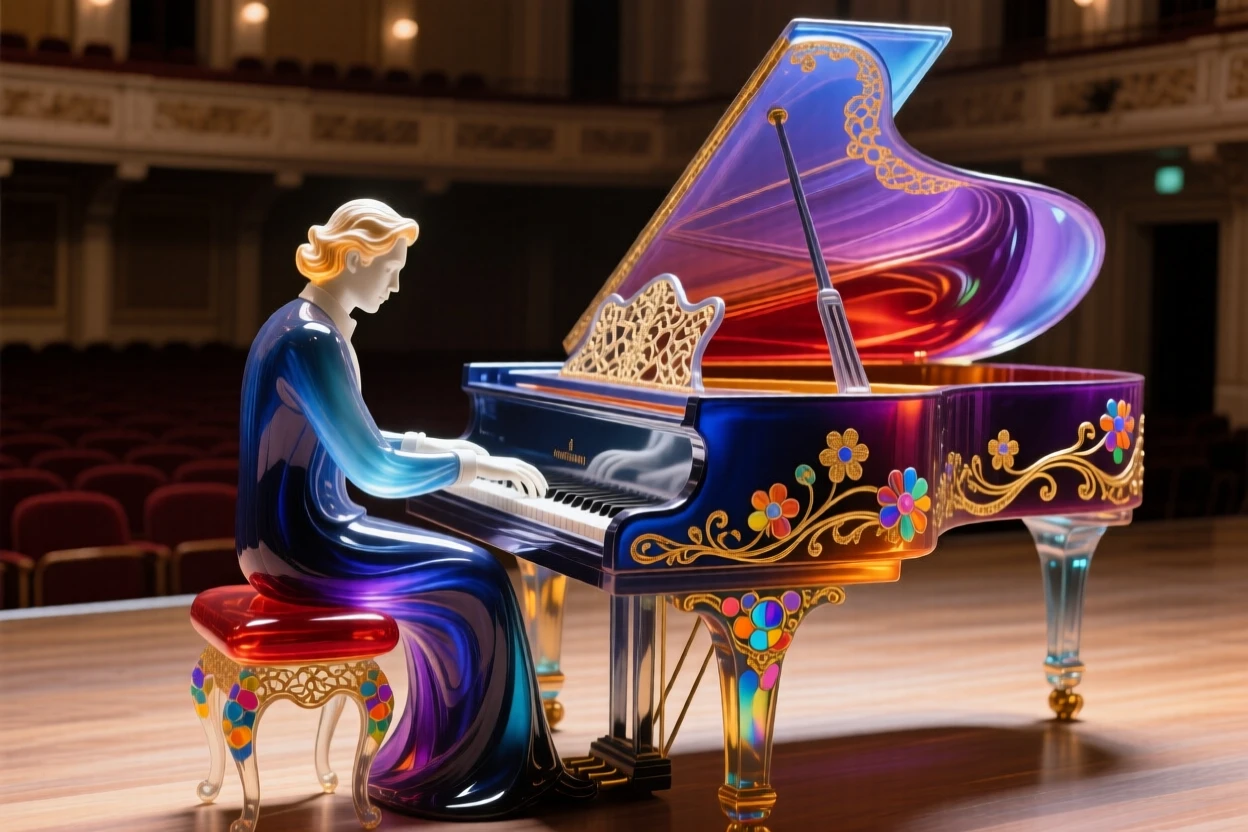 A musician playing a grand piano alone in an empty concert hall, soulful and reflective.