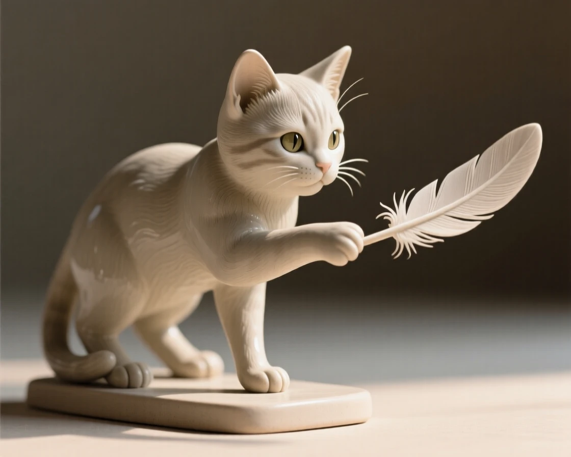 A kitten batting at a feather stretched out in warm afternoon light, its ears tilted forward in attention, evoking a quiet sense of wild dignity.