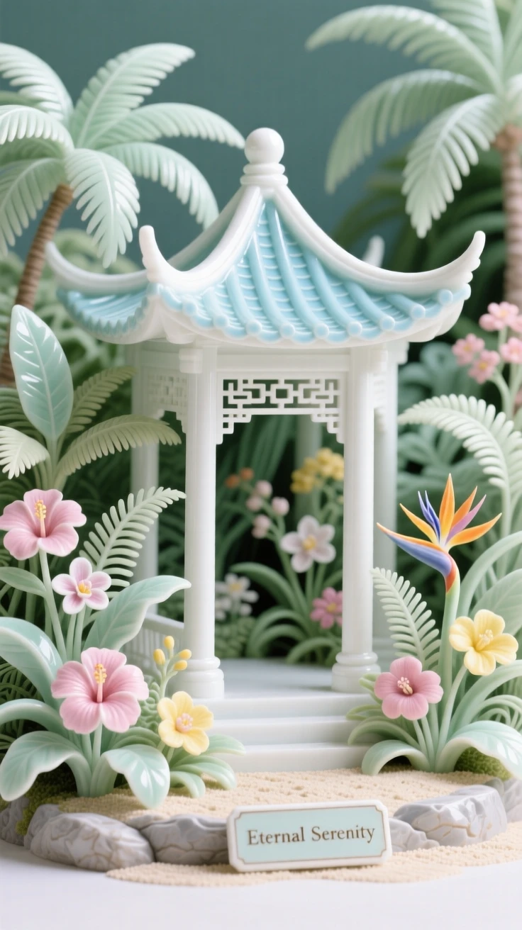 A sprawling tropical garden in full bloom, overlooked by a small garden pavilion.