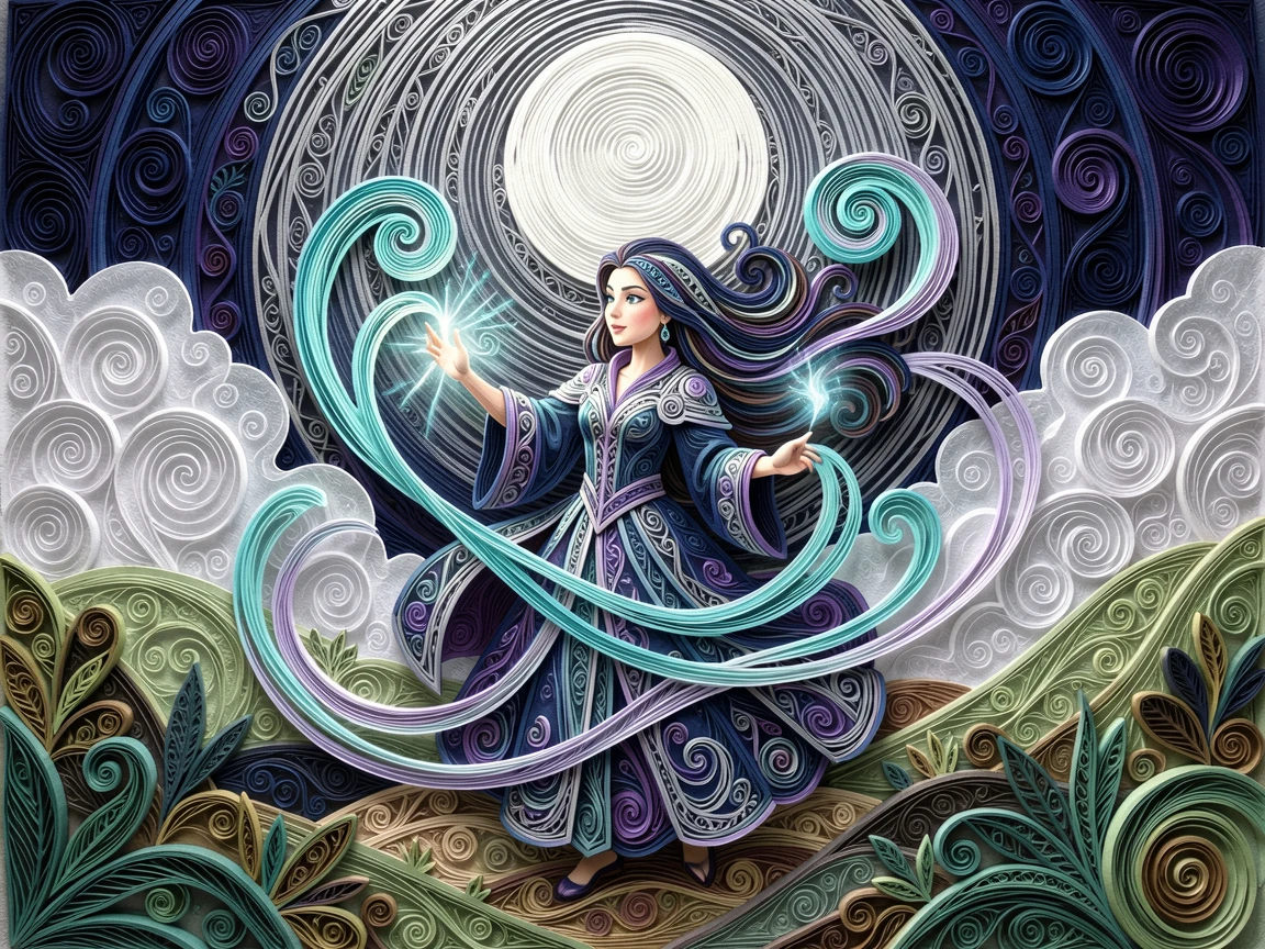 a young sorceress conjuring swirling ribbons of light, in a hidden valley bathed in moonlight, composed with soft ethereal mist drifting through the scene, with soft bioluminescent glow illuminating the scene.