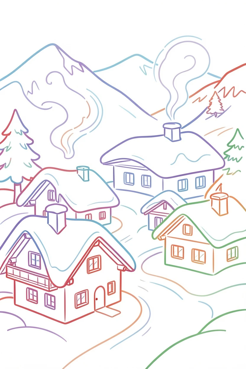 A snowy Swiss alpine village with smoke rising from chalet chimneys.
