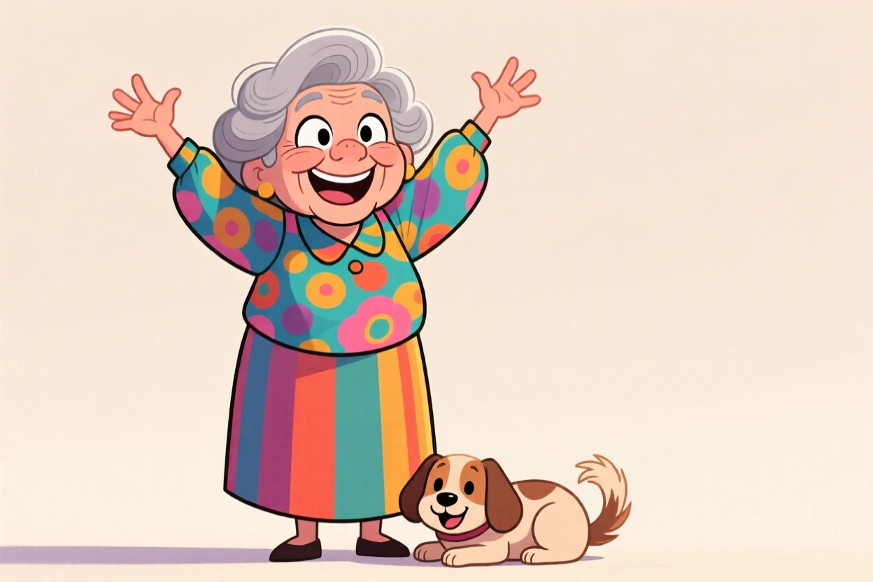 A charming portrait of a proud grandmother, gesturing dramatically with both hands raised, with a beloved pet curled at their feet.