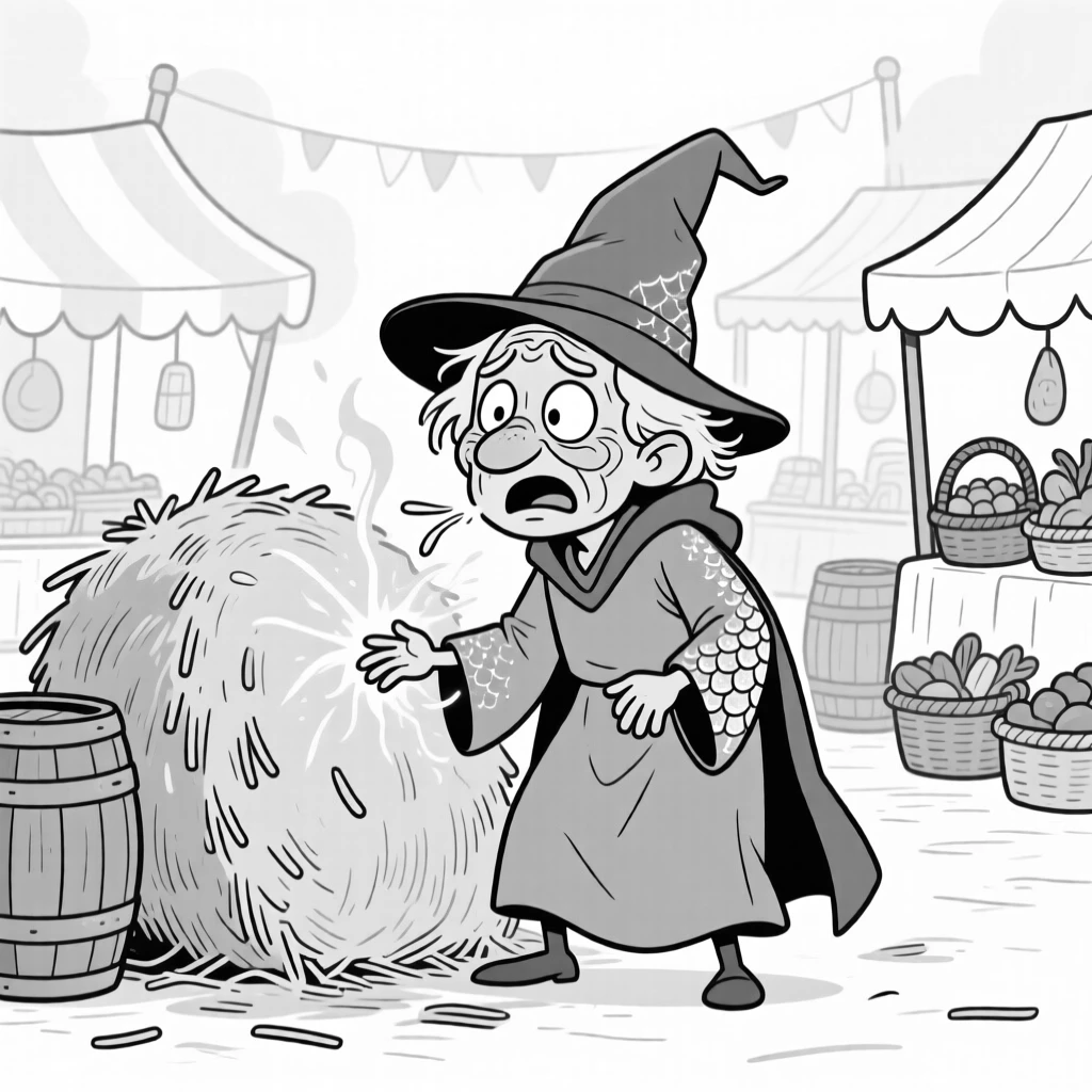 A bumbling wizard whose spell backfired on himself, wincing as it accidentally flattens a haystack, set in a bustling fantasy marketplace. Scales shimmer faintly with every breathy snore. The image invites you to imagine the tale behind the mishap.