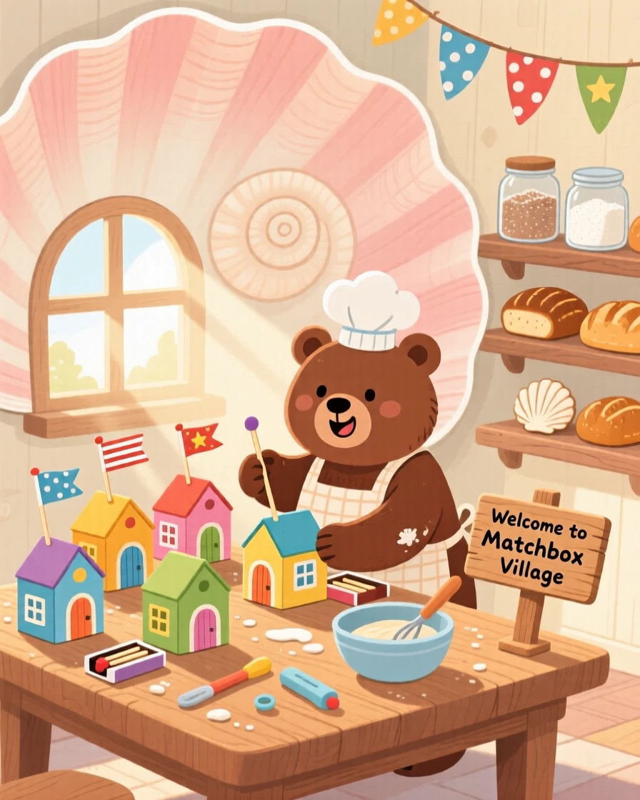 In a city built inside a giant seashell, a bear who runs a bakery spends the day building a village out of matchboxes, with tiny flags fluttering in a light breeze.