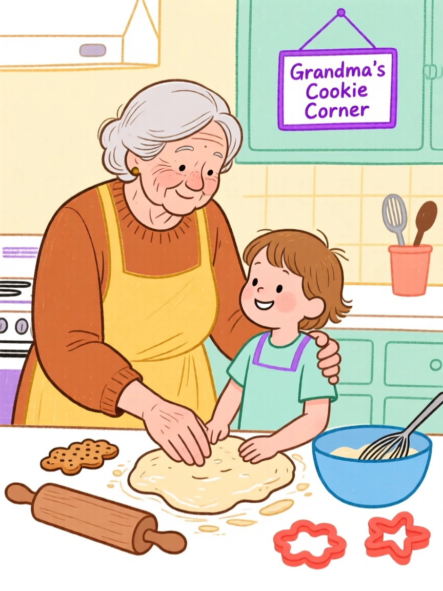 A grandmother teaching a child to bake cookies.