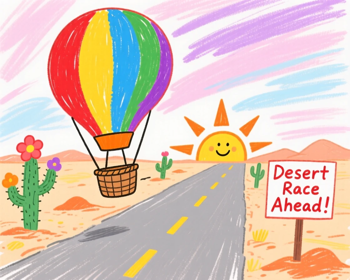 A colorful hot air balloon racing along a desert highway at sunrise.