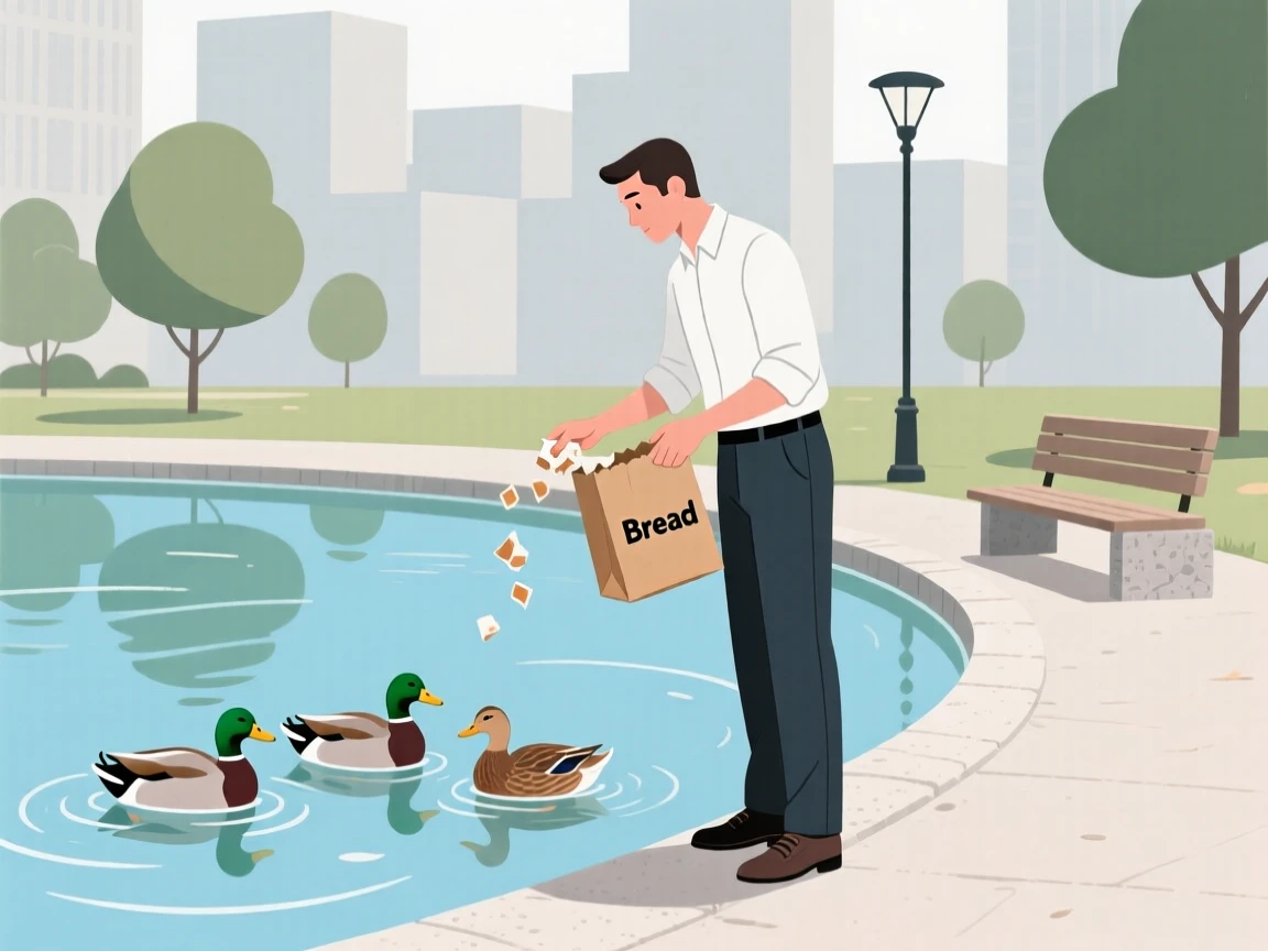 An office worker feeding ducks at a pond on a quiet weekend afternoon in the city.